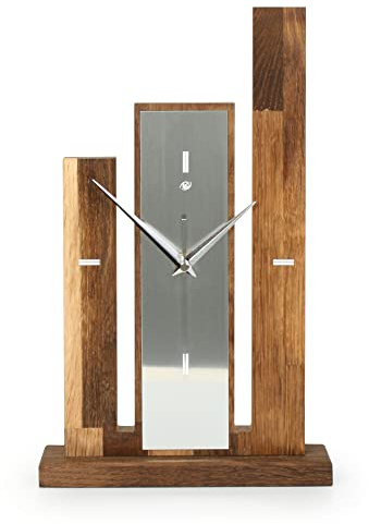 Kreative Feder Designer-STANDUHR „Stairs“ aus Massivholz – analoge TISCHUHR ohne Tickgeräusche (leises Quarzuhrwerk, Eiche geräuchert)