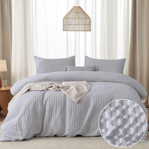 Waffle Seersucker Bedding Grey Checkered King Size Soft Breathable Microfibre Duvet Cover Set with 2 Pillowcases and Zipper Closure（220×230 cm,3 Pieces）