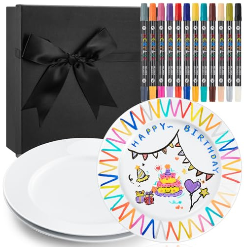 Sinmoe Set Pintura de Cerámica DIY 3 Platos de Cerámica Bandeja de Servir Blanca 12 Bolígrafos de Porcelana de Lavavajillas Caja de Regalo para Navidad Pareja Familia (Borde Ancho Redondo, 8 Pulgadas)