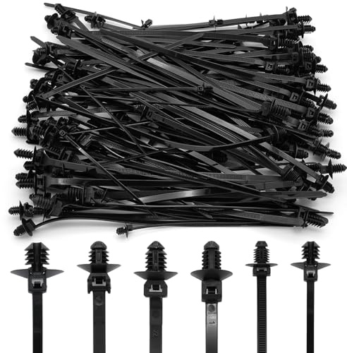 Semrien 120 bridas de montaje a presión, varios tamaños, bridas de nailon negro, clips de arnés de alambre, 6 tipos de bridas de cierre a presión, bridas de alambre automotrices autobloqueantes para