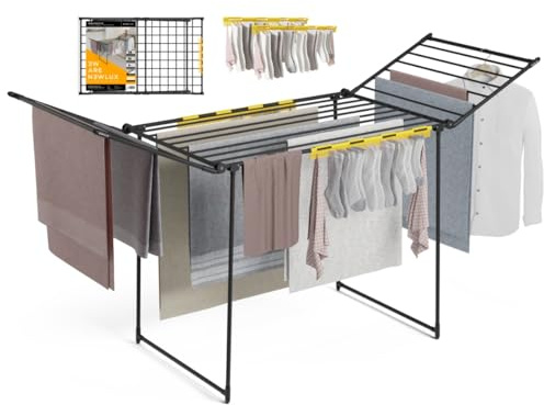 Newlux - Tendedero Plegable con Alas Bold V22, Tubos 5 Veces Más Resistentes, 180x55x112 cm, 26M de Secado, 25Kg de Carga. Tenderete de Ropa Plegable con Soporte para Calcetines, Fácil Plegado, Negro