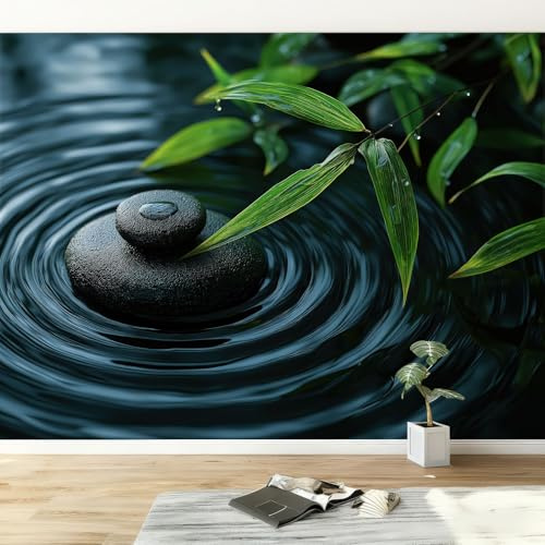 250 x 175 cm Carta Da Parati Fotografica Ciottoli Naturali E Foglie Di Bambù, Fotomurali in tessuto non tessuto Murale alla moda Decorazione da Muro, per soggiorno camera da letto, Blu Scuro