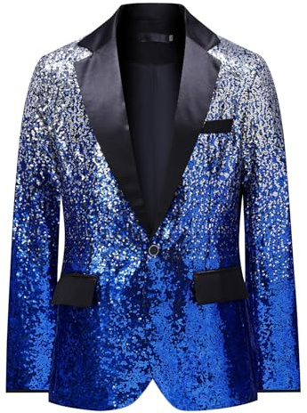 YFFUSHI Blazer Uomo con Paillettes Sfumate 1 Bottone Risvolto a Spacco Lucido per Banchetto Cerimonia, Blu Argento, XL