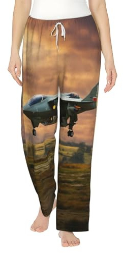 SABFWF Pantaloni pigiama da donna in flanella morbidi e caldi con stampa di aerei da combattimento, perfetti per Natale e comfort quotidiano, Nero , S
