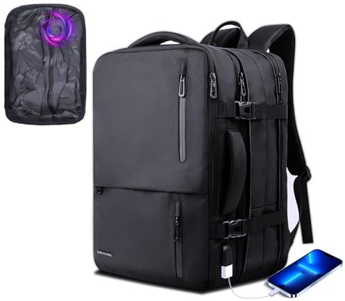 Vakuumryggsäck resväska: Vakuumryggsäck med inbyggd pump passar bärbar dator 17 tums dator expanderbar kompressionsryggsäck vattentät handbagage stor kabinstorlek USB-laddning för arbete affärer svart