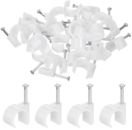 QUARKZMAN 50 Piezas De Grapas Para Cables Con Clavo De 16mm Gancho Circular Individual Media Abrazadera Gancho En J Con Clavo Grapas Para Cables Para Pared Blanco
