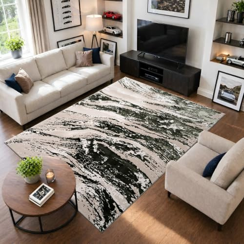 renoazul® Jute Back Large Living Room Rug - Jeze Abstract Rug - 200 x 290 cm - Green Carpet - Washable Hearth Rugs For Fireplaces and Bedroom Carpet