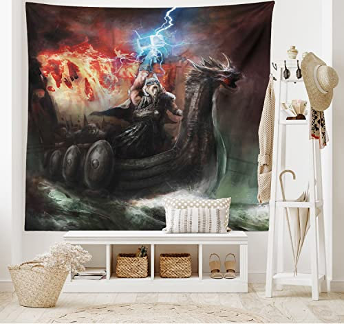 ABAKUHAUS Drachen Wandteppich, Wikinger Boot Stürmisches Meer, Wohnzimmer Schlafzimmer Heim Seidiges Satin Wandteppich, 200 x 150 cm, Mehrfarbig