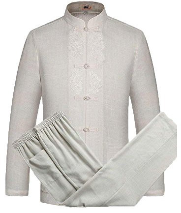 G-LIKE Herren Kung Fu Anzug - Traditionelle Chinesische Tangzhuang Kleidung Kampfkunst Tai Chi Wushu Wing Chun Lange Ärmel Jacke und Hose Orientalische Muster Stoffdruck Uniform (Weiβ, L)