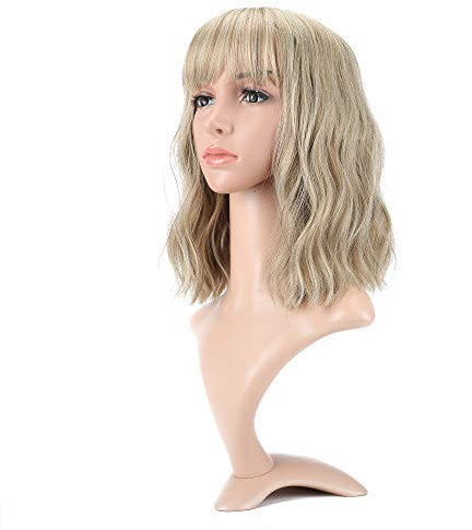 VCKOVCKO Natural Wavy Short Bob Wigs With Air Bangs - Women's Shoulder Length, Curly Wavy Synthetic Cosplay Pastel Bob Wig for Girls (12, Mix Blonde)