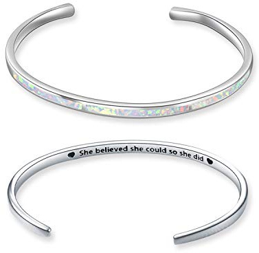 WINNICACA Opal Armreif Sterling Silber Oktober Birthstone verstellbare Manschette Armband Schmuck für Frauen Geburtstag graviert she believed she could so she did