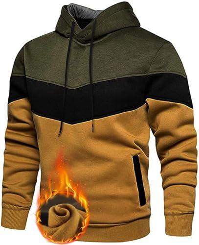 Rave on Friday Herren Hoodie Pullover mit Kapuze Kapuzenpullover für Männer Pulli Langarm Sweatshirt Beiläufig Patchwork Kapuzenpulli mit Tasche Herbst Winter Sweatjacke Khaki L