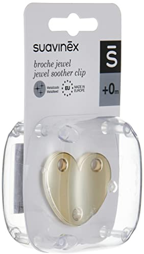 Suavinex, Attache-tétine, attache-tétine, clip avec clip, bijou effet métallique, pour bébé + 0 mois, convient aux nouveau-nés, en forme de cœur, doré