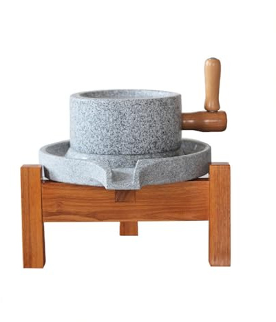 Molino/amoladora de piedra hecho a mano (mediano), antiguo para el hogar para grano, frijol y cebada (7.87inx11.8in), con marco de madera