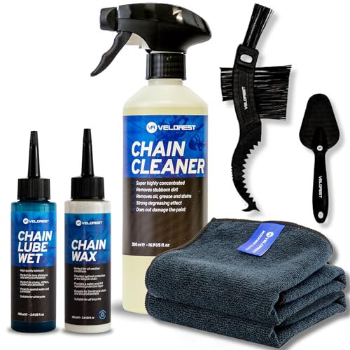 Velorest - Fahrradketten Pflegeset - 500 ML Kettenreiniger Fahrradkette + 100 ML Kettenöl + 100 ML Kettenwachs - Fahrrad Kettenreiniger Set - Fahrradkette Reinigungsset - Bietet Langanhaltenden Schutz