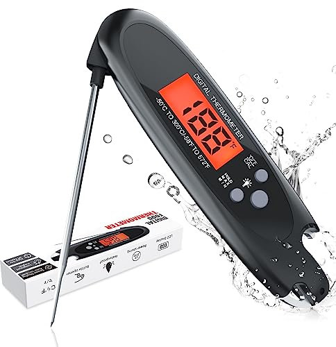 Meat Thermometer, Digital Instant Read Food Thermometer, Folding Long Temperature Probe Cooking Thermometer with °F/°C, Auto Rotating Display & On/Off, Perfect for Kitchen, BBQ, Milk, Water