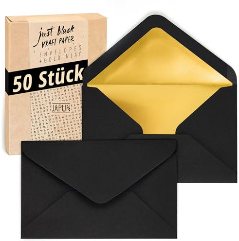 Japun – Briefumschläge (50 Stück), Kuvert, Umschlag ohne Fenster - DIN C6-162 x 114 mm - innen: Gold - Papier-Farbe: schwarz