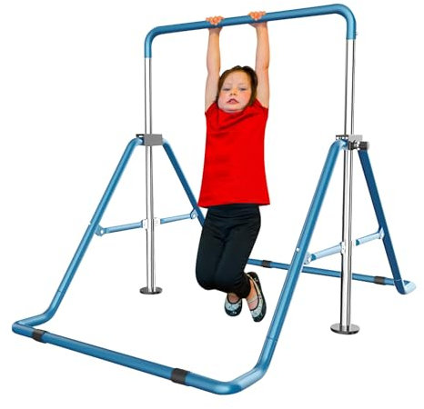 Kinder Reckstange Indoor, Turnreck Gymnastik Mit Rutschfester Gummimanschette Kinder Garten Reck Reckanlage Turnstangen klappbar Höhenverstellbar für Jungen, Mädchen Blau