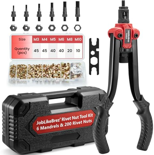 Joblikebrez Nietmutternzange Set inkl. 200 Nietmuttern in Separater Sortierbox & Robustem Transportbox | Profi Gewindenieten Zange Set mit Dorne in M3, M4, M5, M6, M8, M10