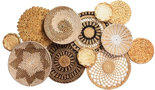 Laquedecraft Set 12 Boho Wicker Rattan Plate Basket Set For Décor Hanging Wall | Large Woven Farmhouse Rustic Bohemian Art Baket Hangings For Decorative Home, Bedroom, Living Room, Kitchen, Bathroom (Classic, 12)
