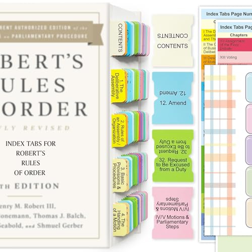 Index Tabs for Robert's Rules of Order Newly Revised, 12th Edition, 90 Color-Coded & Laminated Book Tabs with Alignment Guide (Book Not Included), Repositionable and Long-Lasting