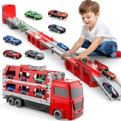 Euakee Carrier Camion giocattolo per bambini fuoristrada trasporto camion auto giocattolo pista lunga per ragazzi e ragazze, regalo per ragazzi e ragazze dai 3 ai 6 anni, rosso