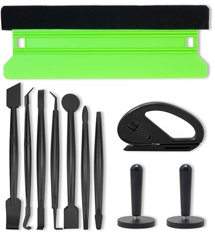 CarSleek Kit di strumenti per avvolgere il vinile del veicolo, installazione di tinta per finestre, pellicola solare, carta da parati, spatola lunga con bordo in feltro, supporto magnetico, bastone