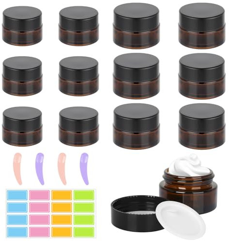 Lot de 12 boîtes vides ambrées - 20 ml/30 ml - Crème vide - Spatule et autocollant - Récipients marron pour lotion et cosmétiques