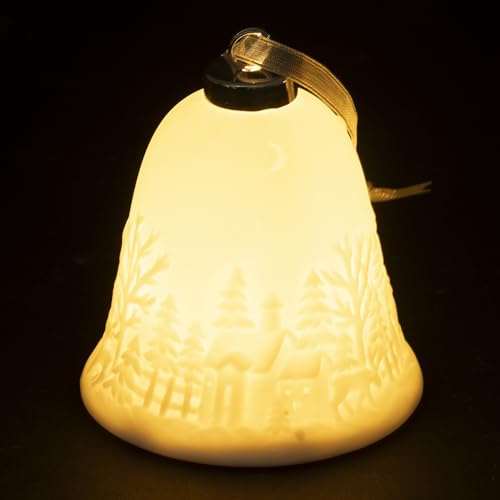 Xmas - Campana LED de cerámica Blanca, 10 cm de Altura, decoración de Pueblo navideño
