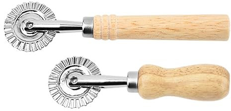 2 Piezas Cortador Pizza Cortador de Pan Masa Pizza Rueda de Corte de Pasta de Aleación de Zinc Mango Largo de Madera para Raviolis Cortador Giratorio Herramientas de Repostería Moldes Borde Estriado