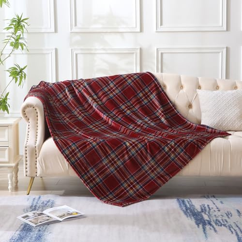 DREAMLANDING Fleeceöverkast för soffa säng stol mjuk färgglad överdimensionerad, dekorativ ultra-plysch filt (130 x 150 cm, röd rutig)