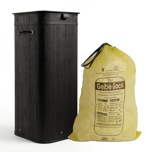 Infinita Essentials Gelber Sack Ständer aus Bambus – 70L Müllsackständer mit Deckel – Stabiler Behälter für Gelbe Säcke – Nachhaltiger Mülleimer für Recycling & Mülltrennung – Schwarz