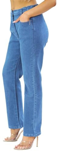 UK Dispatch Womens Side Elastic Waist Jeans Straight Leg Regular Fit 27 Leg,18,Blue