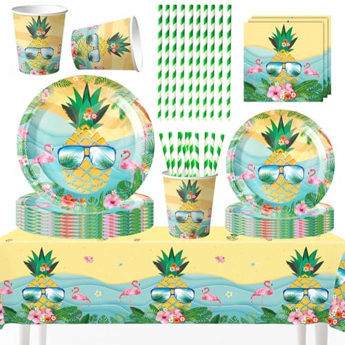 61 Piezas Decoración Fiesta Hawaiana Verano Platos Vasos Pajitas Reutilizables Servilletas Mantel Temático Tropical Hojas Piña Para Cumpleaños Escuela Picnic Playa Eventos Infantiles