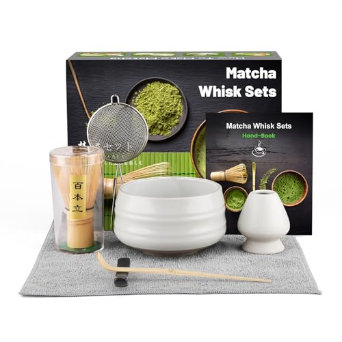 Service à thé japonais, 7 pièces Matcha Kit, Bol à matcha, Fouet à matcha en bambou, Cuillère, support de fouet à matcha, Coffret cadeau, Service à thé matcha en céramique -Matte White