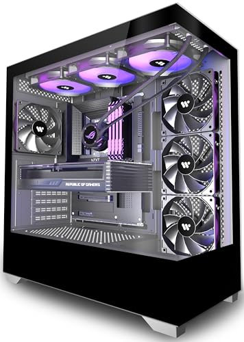 PCZZOI PC CASE ATX 4 Fans Pre-Installed, Type-C Mid Tower Computer Case with Full-View Dual Tempered Glass, Gaming PC Case,Black,P4