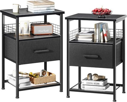 LAKEMID Nachtschrank 2er Set,Nachttisch mit Schubladen,Nachtkommode für Schlafzimmer,Schlichter Beistelltisch,Schwarz
