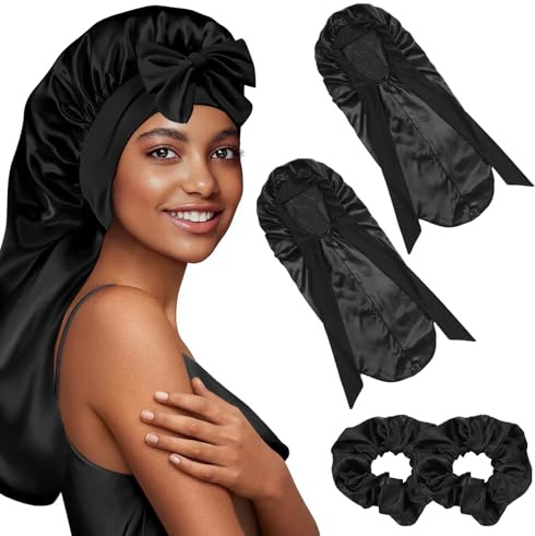 Lot de 2 bonnets en satin pour dormir - Extra longs - Avec 2 bandes élastiques - Réglable et respirant - Pour cheveux bouclés et lisses - Noir