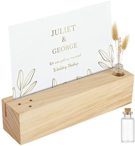 BENECREAT Tarjetero de madera con flores secas, soporte para tarjetas de lugar con 1 tarro de vidrio para ceremonia, fiesta de cumpleaños, decoración del hogar, 200 x 49,5 x 49,5 mm