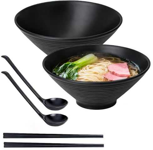 Juego de 2 cuencos de ramen (6 unidades), 1100 ml, juego de tazón de ramen japonés, cuenco grande con palillos y cuchara, cuenco ramen para sopas, ensaladas, pasta, fruta, sushi (negro)