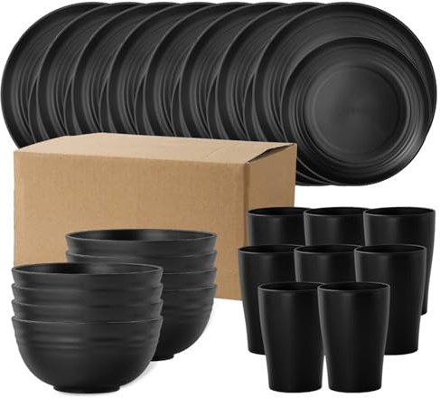 Blendra 32 Pieces Plates and Bowls Set,Plastic Plate Set,Microwave & Dishwasher Safe,Dinner Sets for 8 Include 22.5cm Dinner Plates, 19.5cm Salad Plates,320ml Cup,800ml Bowls(Black)
