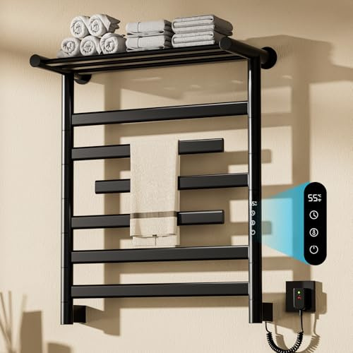 360W Scaldasalviette Elettrico Nero con ripiano Superiore, Radiatore Scaldasalviette con 5 Barre (3 Barre Girevole 180°), Parete Termoarredo Elettrico Bagno Controllo Tattile 35-70°C, IPX4 (Nero)
