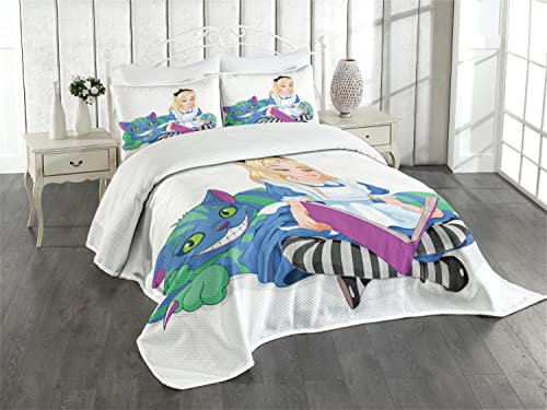 ABAKUHAUS Alice im Wunderland Tagesdecke Set, Glücklichsein Liebe, Set mit Kissenbezug Weicher Stoff, für Einzelbetten 170 x 220 cm, Violettblau