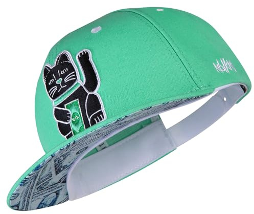 Nebelkind Cappello Snapback-cap Uomo Donna Maneki-Neko Verde Menta, Taglia Unica, Unisex, Cappellino da Baseball di Alta qualità, Taglia Regolabile, Stile Streetwear, Cappellino da Baseball, Retro