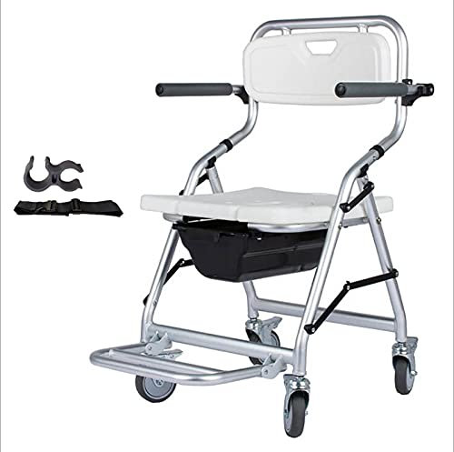 summerr Folding Commode Chair, Portable Folding Bathroom Wheelchairs Stool, Bath Shower Chair with Armrests and Wheels, for Handicap Elderly (Size : B(With accessories))