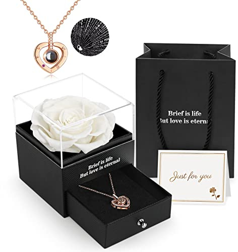 ADAZ Rosa Eterna con Collar, Flores Preservadas Hecha a Mano, Regalos Originales para Mujer, Día de la Madre, Regalo Navidad, Regalo San Valentin Mujer Novia Mamá