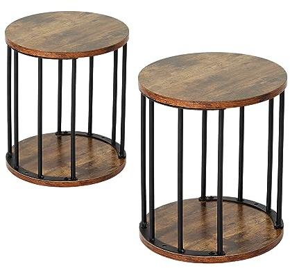 HDANI Taburete Redondo de Madera para niños y Adultos, peldaños pequeños, Antideslizante, para Cocina, baño, jardín y Dormitorio, 30 x 30 x 34 cm (MarrÓn RÚstico y Negro, Set de 2)