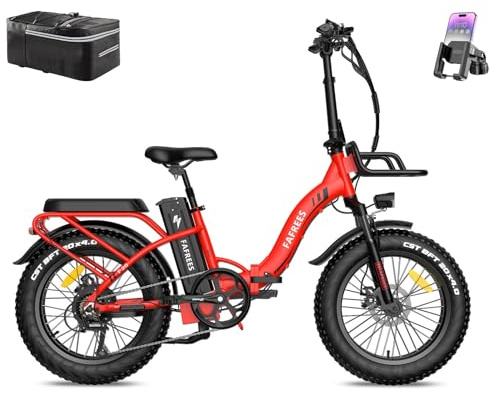 Fafrees F20 MAX Electric Bicycle, 20 * 4.0inch Men's Folding Electric Mountain Bike, 48V/22.5Ah Battery, 7 Speed, Front Basket, Unisex Adult Fatbike Ebike, Range 90-150KM (Red)