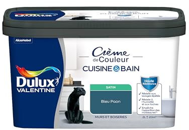 Dulux Valentine Peinture Intérieure Crème de Couleur Cuisine et Salle de Bain - Pièces Humides Murs et Boiseries - Résistant aux taches et à l'humidité - Satin Bleu Paon 2 L