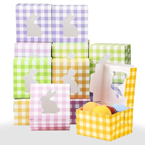 12 Pcs Easter Treat Boxes with Rabbit Window - 4 Plaid Colors Cardboard Box for Cookie Goodie Candy Sweet Party, Easter Party Boxes for Easter Egg Hunts Picnics Gift Box Party Favours